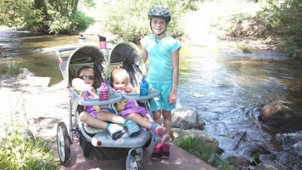 My 2 youngest ride in the stroller while the oldest rides a bike.  This day we did 7 miles!